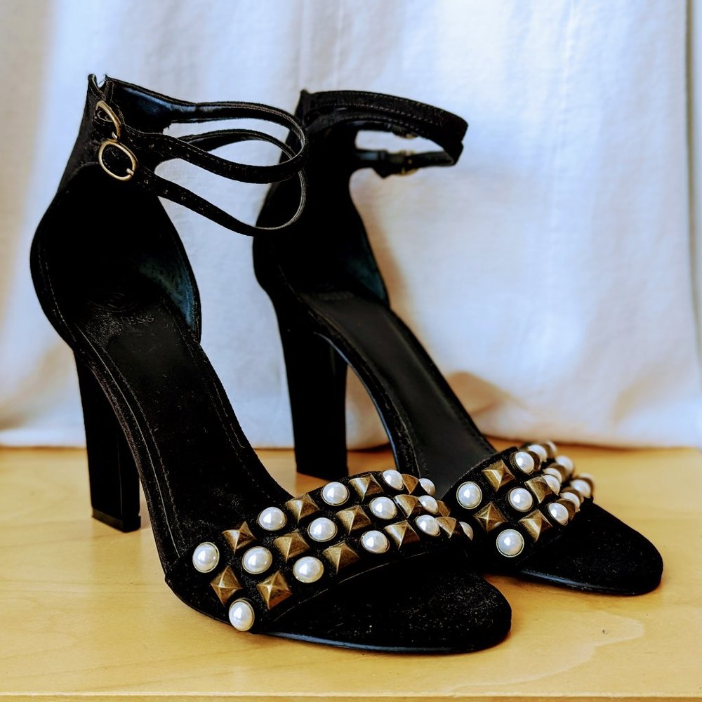 Black Strappy Heels with Pearl Stud Detail (Guess, Size 9.5, NWOT)